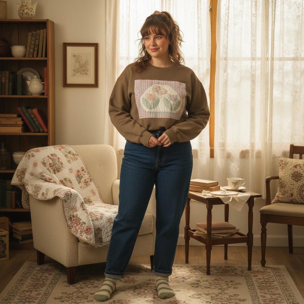 Spring Quilt Patch Crewneck • Pastel Patchwork Sweatshirt • Cozy Appliqué Pullover