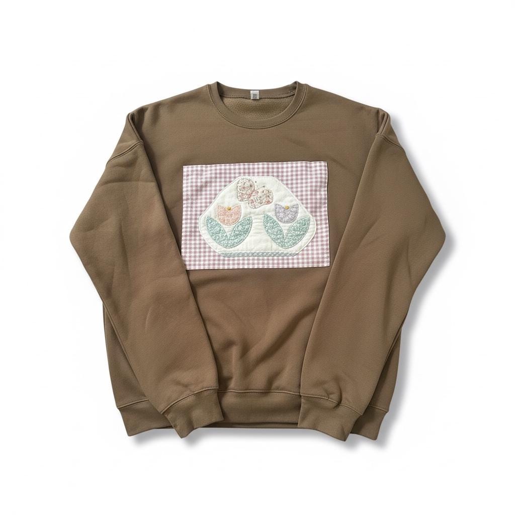 Spring Quilt Patch Crewneck • Pastel Patchwork Sweatshirt • Cozy Appliqué Pullover