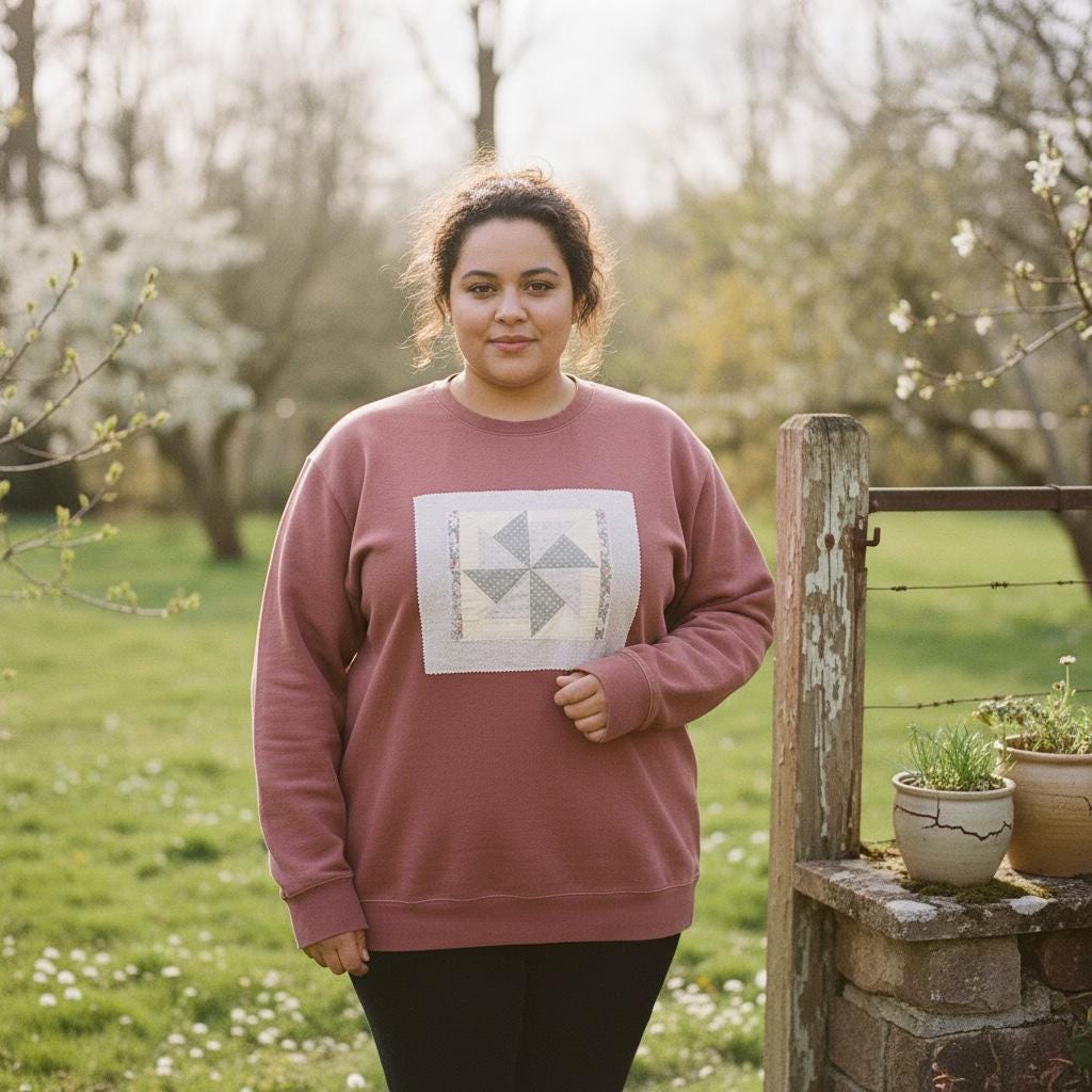 Spring Patchwork Crewneck • Vintage Quilt Patch Pullover • Pastel Cottagecore Sweatshirt