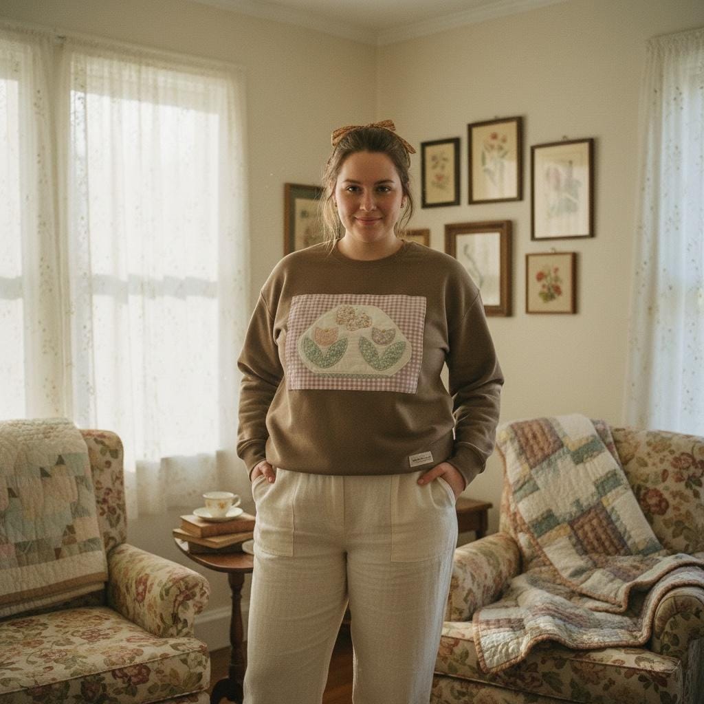 Spring Quilt Patch Crewneck • Pastel Patchwork Sweatshirt • Cozy Appliqué Pullover