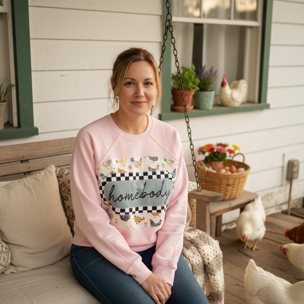 Homebody Chicken Patch Shirt • Farm Life Appliqué Tee • Homestead Graphic Top