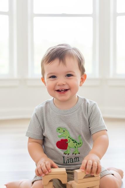 Kids Gender Neutral Embroidered Heart Valentine Dino Shirt