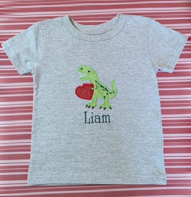 Kids Gender Neutral Embroidered Heart Valentine Dino Shirt