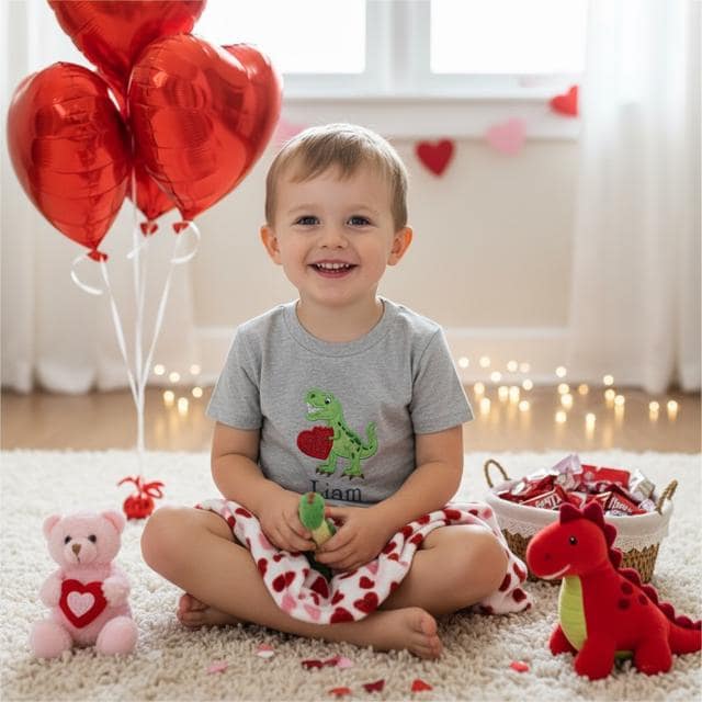 Kids Gender Neutral Embroidered Heart Valentine Dino Shirt