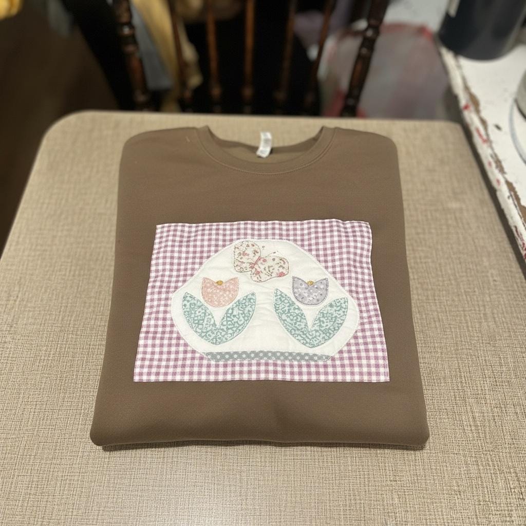 Spring Quilt Patch Crewneck • Pastel Patchwork Sweatshirt • Cozy Appliqué Pullover