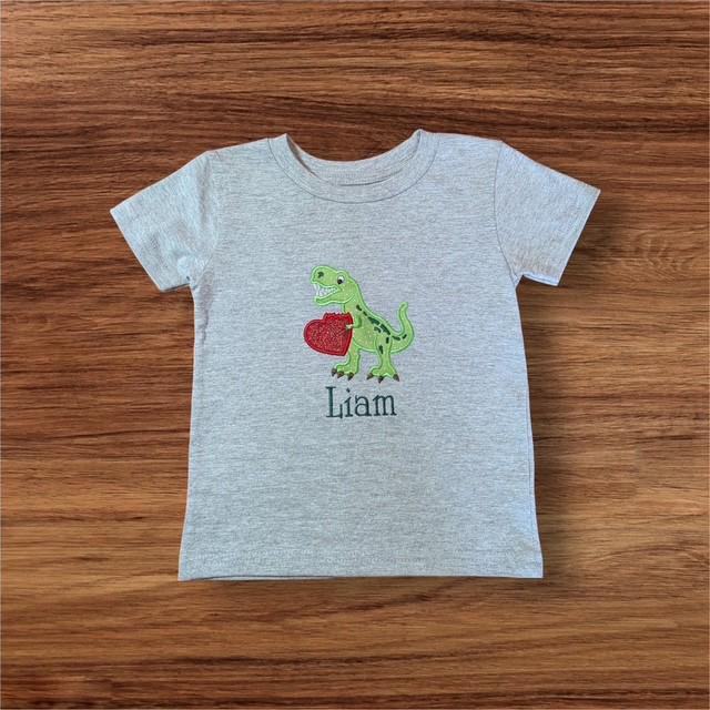 Kids Gender Neutral Embroidered Heart Valentine Dino Shirt