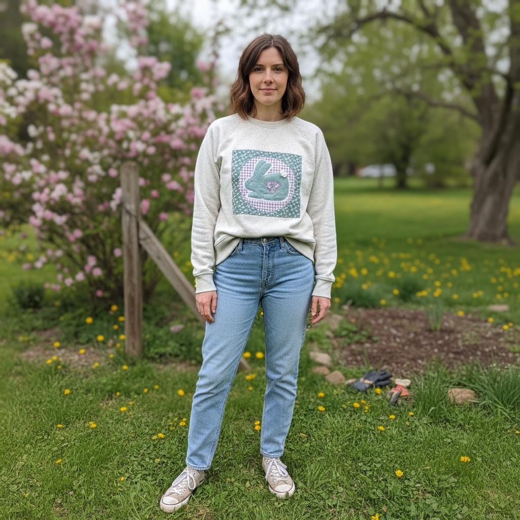 Spring Quilt Patch Crewneck • Pastel Patchwork Sweatshirt • Cozy Appliqué Pullover
