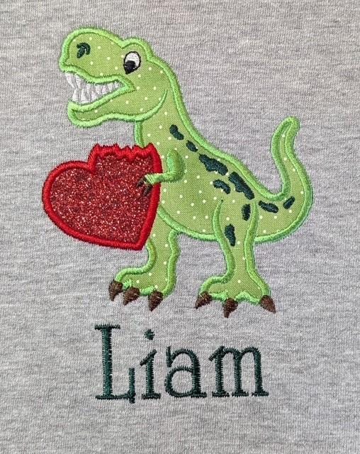 Kids Gender Neutral Embroidered Heart Valentine Dino Shirt