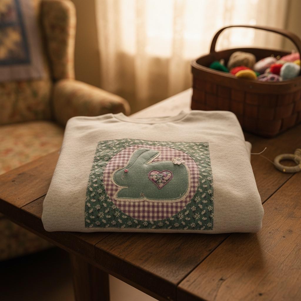 Spring Quilt Patch Crewneck • Pastel Patchwork Sweatshirt • Cozy Appliqué Pullover