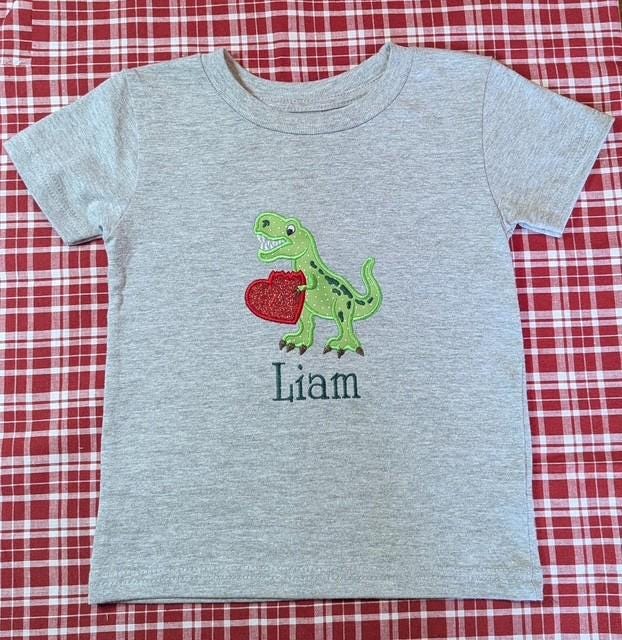 Kids Gender Neutral Embroidered Heart Valentine Dino Shirt