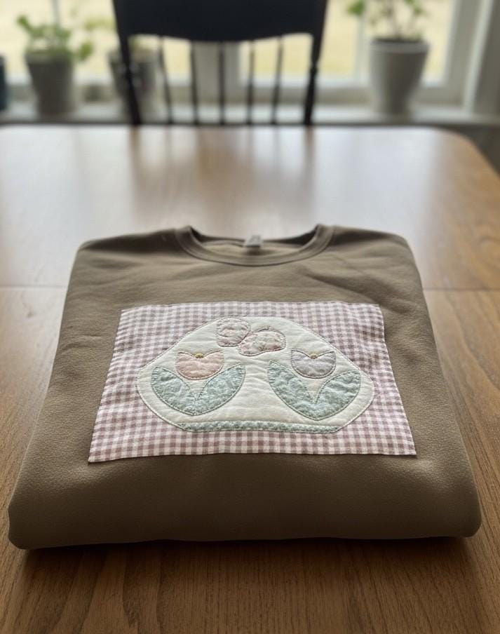 Spring Quilt Patch Crewneck • Pastel Patchwork Sweatshirt • Cozy Appliqué Pullover