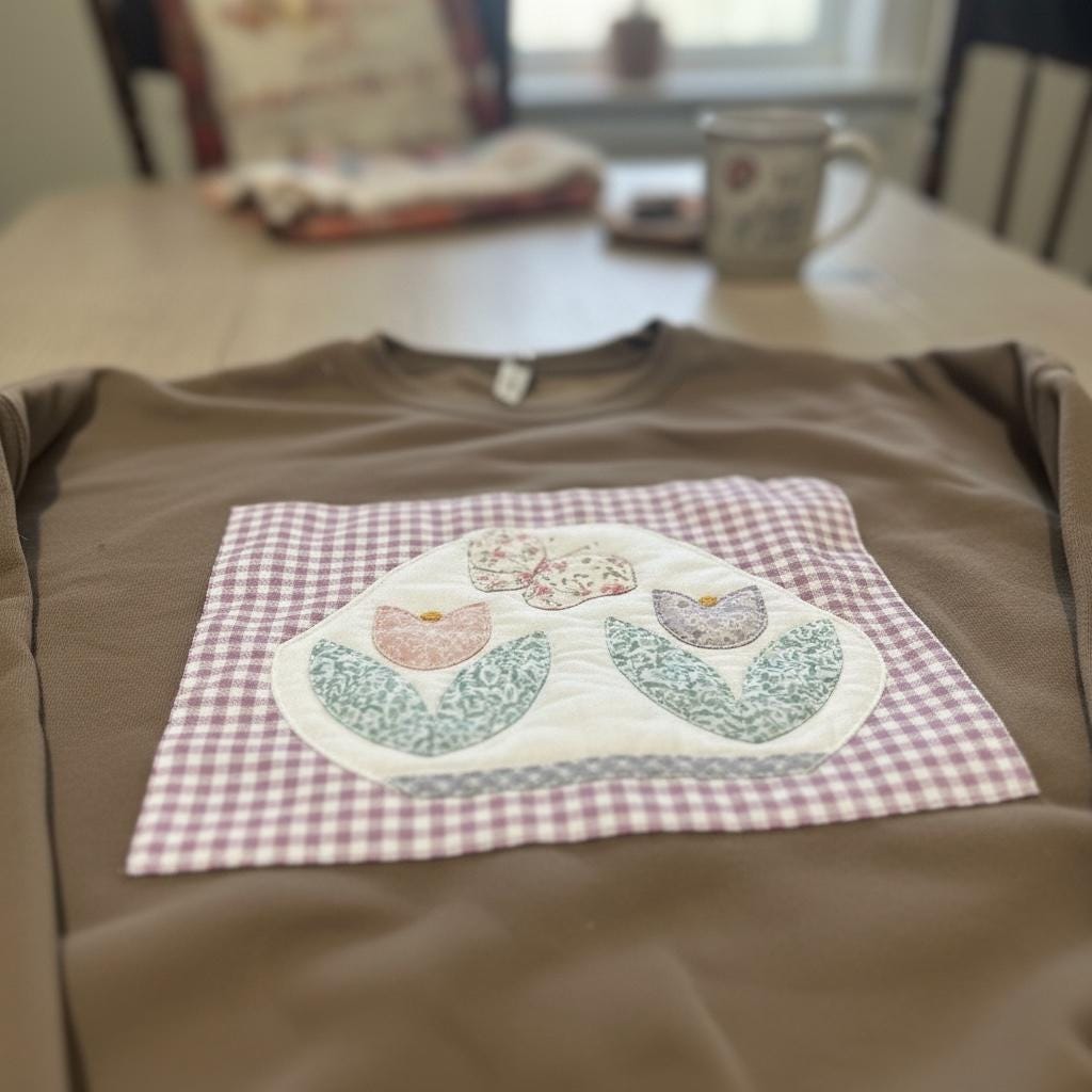 Spring Quilt Patch Crewneck • Pastel Patchwork Sweatshirt • Cozy Appliqué Pullover