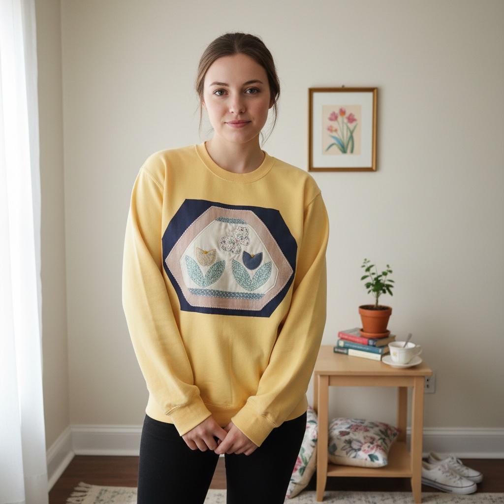 Spring Patchwork Crewneck • Vintage Quilt Patch Pullover • Pastel Cottagecore Sweatshirt