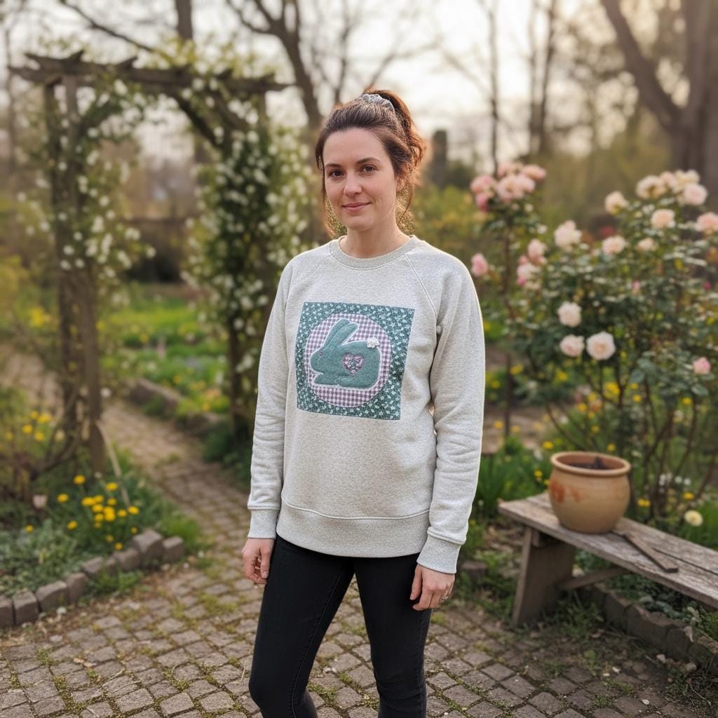 Spring Quilt Patch Crewneck • Pastel Patchwork Sweatshirt • Cozy Appliqué Pullover